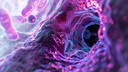 Conceptual image of Barrett's esophagus with cells transforming under a microscope - obrazy, fototapety, plakaty