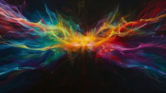 Dark abstract canvas, illuminated by vibrant sound wave energy patterns,
