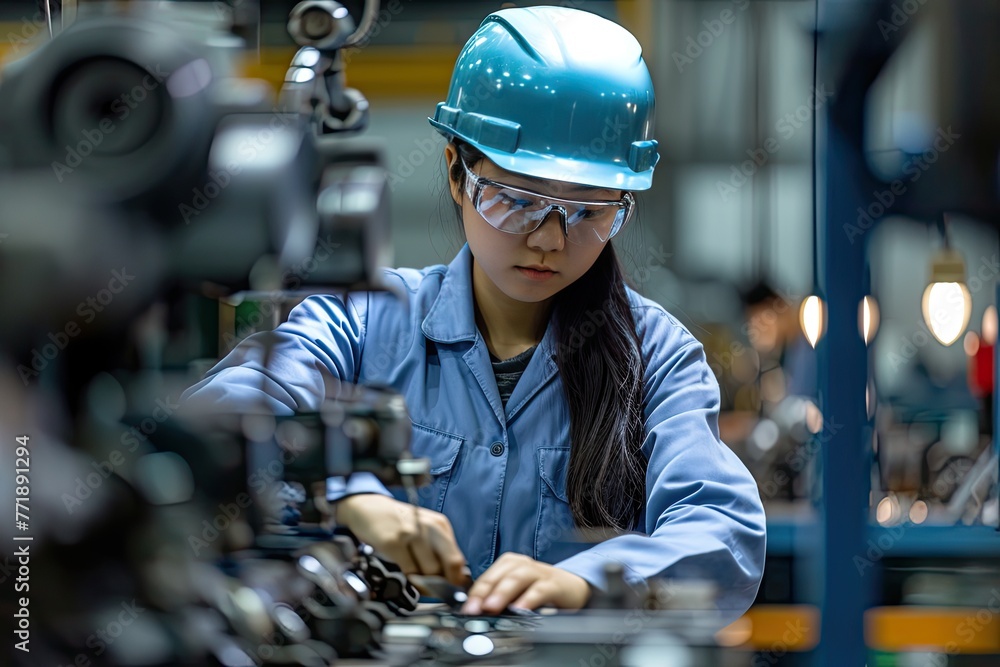Poster mechanic assembling intricate parts in a manufacturing plant, skillful mechanic assembling intricate