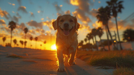 happy puppies dancing around sunset. happy puppies running with smile