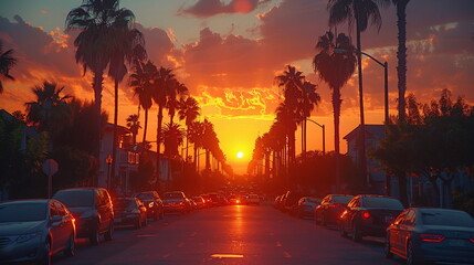 beautiful sunset in the LA city, palm tree besides the street in the background