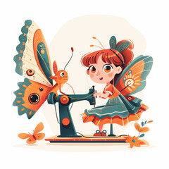 fairy with magic wand, Cartoon fairy girl with red hair and orange dress standing in a field 