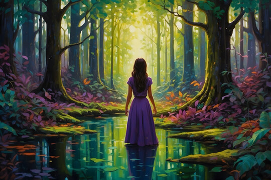 Abstract art of purple girl in forest
