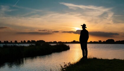 Silhouette of Man in Hat Standing by Riverside at Dusk, Sunset Reflection