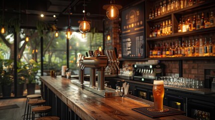 Beautiful beer bar, a gathering place for drinkers. Designing a bar with wood for a warm and stylish atmosphere.