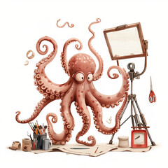 Fototapeta premium fashioned lamp on white, Octopus with a beer in its mouth and a cup of beer in its hand