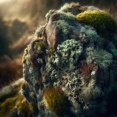  A detailed close-up image showcasing the texture of a rock covered in lichen and moss - obrazy, fototapety, plakaty
