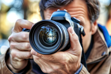 Male photographer holding a camera taking a picture of a landscape, digital photography equipment, professional imaging technology