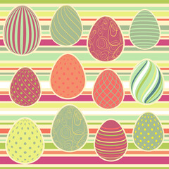 Easter Eggs with seamless ornament pattern. Vector line pattern with Easter eggs on the colorful background. Concept of Happy Easter.	