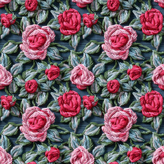 Floral embroidery from knitting wool, seamless pattern.
