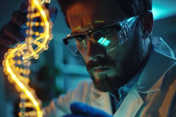 A focused scientist analyzing a glowing DNA helix in a modern research lab - obrazy, fototapety, plakaty