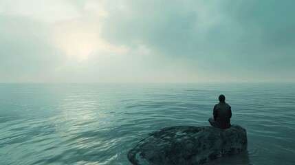 A Conceptual image of a solitary man sitting on a rock amidst a vast ocean - obrazy, fototapety, plakaty