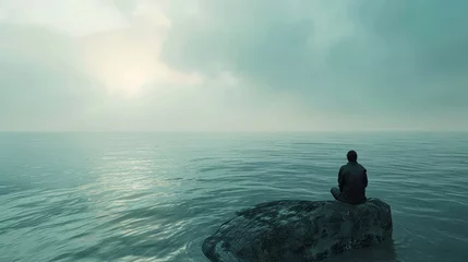 Foto op Plexiglas A Conceptual image of a solitary man sitting on a rock amidst a vast ocean © Creative_Bringer