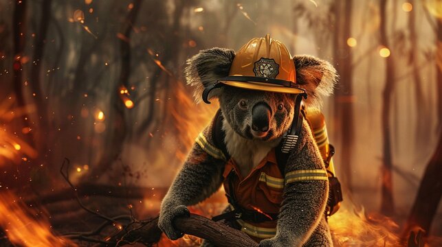 A creatively edited image showing a brave koala dressed as a firefighter in the midst of a forest fire.