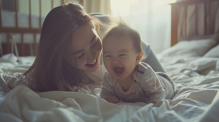 A young mother and her laughing baby playing together on a bed - obrazy, fototapety, plakaty