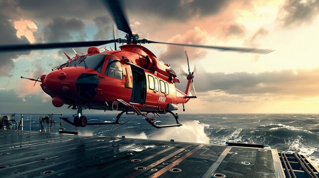 A red search and rescue helicopter preparing to land on a platform at sea