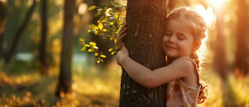 A young girl embraces a tree in a sunlit forest