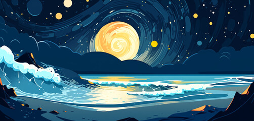 Hand drawn cartoon illustration of beach under beautiful night sky
 - obrazy, fototapety, plakaty