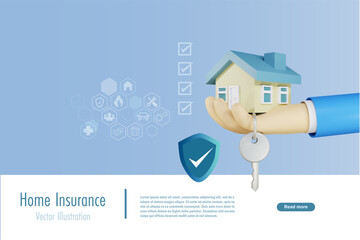 Home insurance. Agent hand holding house with protection shield. 3D vector.