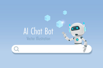 AI chat robot with digital searching bar. AI robotics and chatbot innovation technology provide smart information and solution in research and development. 3D vector.