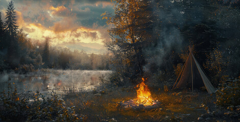 A camping fire is located in the woodlands during fall, in a style that is detailed representation.
