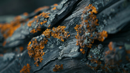 A close-up of wood, bark, and lichen, in a dark gray and emerald style.