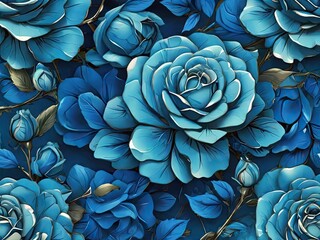 Seamless pattern blue rose with petals flowers