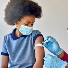 teenager with afro style hair getting a vaccine over white background