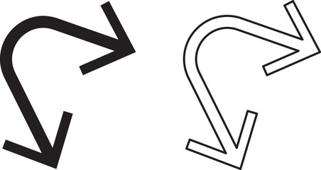 Black double arrow with loop in different directions. Alternate Route line and filled Symbols. Contour image on white. Line circular design for any purposes in eps 10.