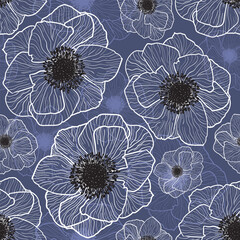 Pattern Vector Anemones Wildflower Graphic Flowers. Anemone floral botanical flowers. Wild spring leaf wildflower. Black and white with line art on blue backgrounds.