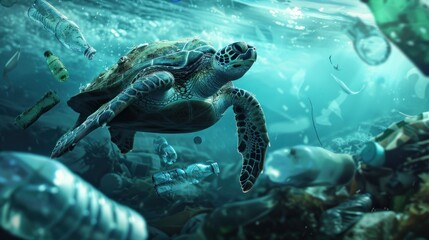 An image of a green sea turtle swimming through clear blue waters, surrounded by colorful coral reefs and a variety of fish The scene captures the essence of underwater marine life, highlighting the t - Powered by Adobe