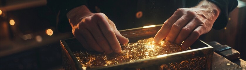 Closeup of hands gently opening an ancient box filled with pure gold, set against the backdrop of a creative studio room