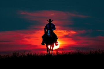 Imagine an illustration featuring a cowboy riding a horse's silhouette against a stunning sunset backdrop The scene is set in a vast desert, hinting at wild nature and the essence of the Western spiri