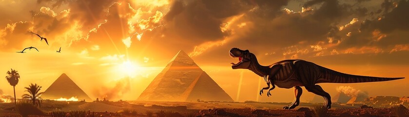 imagine prompt A daring selfie shot with a roaring dinosaur, with the silhouettes of the pyramids under a dramatic sky