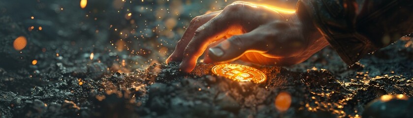 imagine prompt Closeup of Homo Electricus, the Stone Age man, using primitive tools to unearth the first cryptocurrency coin under a starlit sky - obrazy, fototapety, plakaty