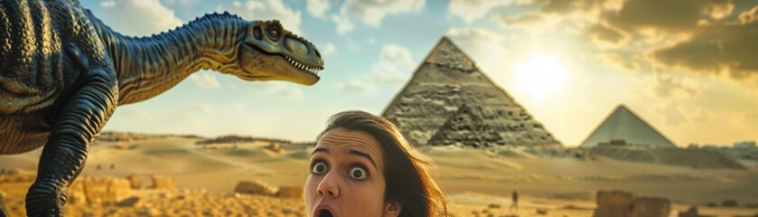 imagine prompt Closeup selfie of a cute girl making a surprised face, a friendly dinosaur photobombing, pyramids softly blurred in the background - obrazy, fototapety, plakaty
