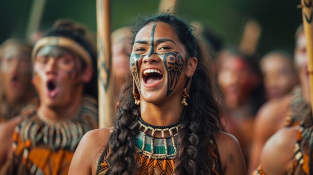 Maori tribes warriors, traditional tattoo Polynesian people of New Zealand.