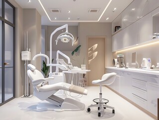 Imagine a clean and empty hospital room designed specifically for dental procedures, featuring a dentist's chair at the center surrounded by various medical equipment and technology This healthcare sp