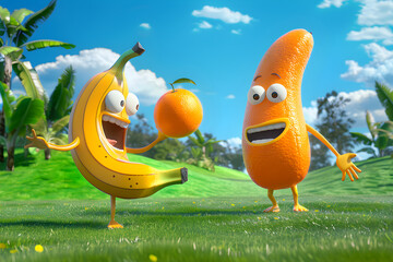 Animated Banana and Orange Engaging in a 'Knock, Knock' Joke on a Bright Summer Day