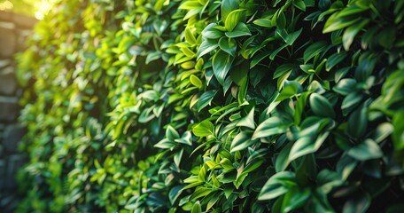 Setting up a vertical garden wall, close view, soft afternoon light, wide lens, lush green textures.  - obrazy, fototapety, plakaty