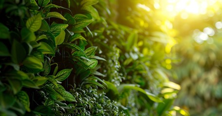 Setting up a vertical garden wall, close view, soft afternoon light, wide lens, lush green textures.  - obrazy, fototapety, plakaty