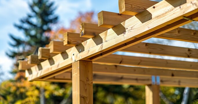 Assembling a pergola in community park, close-up, clear day, wide lens, structure for shade.