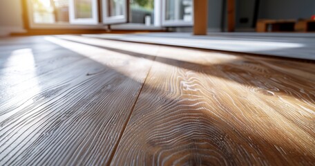 Laying a new laminate flooring, close view, bright daylight, wide lens, modern floor makeover.  - obrazy, fototapety, plakaty