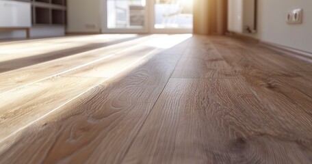 Laying a new laminate flooring, close view, bright daylight, wide lens, modern floor makeover.  - obrazy, fototapety, plakaty