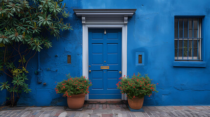 Fototapeta na wymiar Front door - blue - meticulous symmetry - perfectly centered composition - entryway 