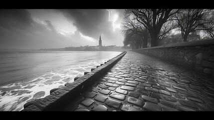 Southern coastal port city - tower - stone walkway - storm - clouds - black and white photograph  - obrazy, fototapety, plakaty