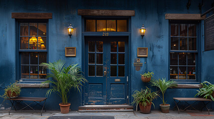 Front door - blue - meticulous symmetry - perfectly centered composition - entryway 