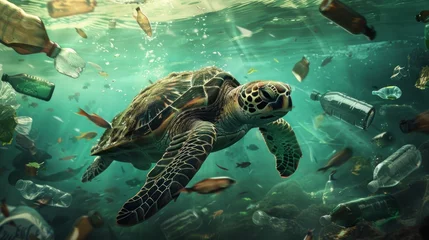  A sea turtle glides gracefully through a vibrant underwater world, surrounded by corals and fish in the blue ocean © in