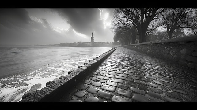 Southern coastal port city - tower - stone walkway - storm - clouds - black and white photograph 