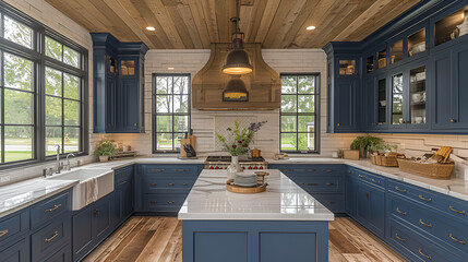 Kitchen =- blue cabinets and wood floors 